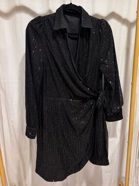 Black Sequin Wrap Dress with Puff Sleeves